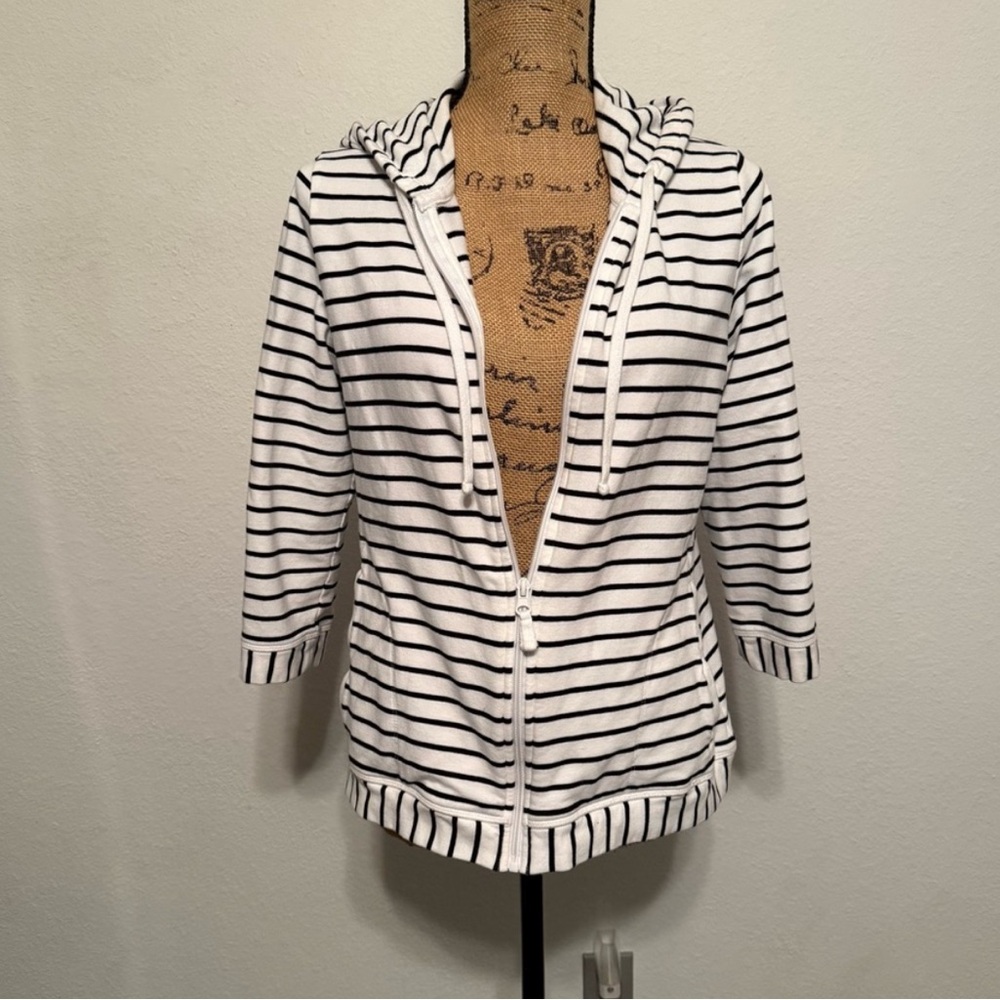 Talbots STRIPE TERRY HOODIE Black and White large petite
